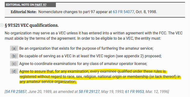 picture with the follow text highlighted: Agree to assure that, for any examination, every examinee qualified under these rules is registered without regard to race, sex, religion, national origin or membership (or lack thereof) in any amateur service organization;